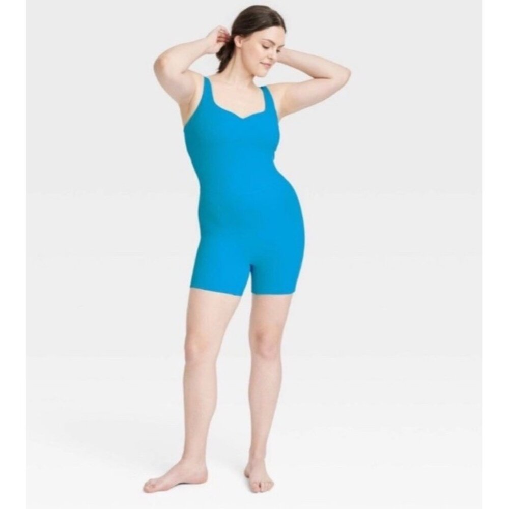 New Women's Brushed Sculpt Rib Short Active Bodysuit - All In Motion Blue Size M